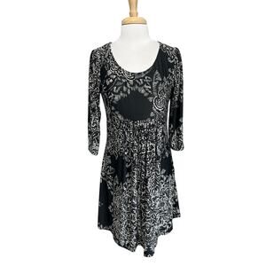 Reborn Babydoll Fit Dress Womens XL Black White Ikat Print 3/4 Sleeve NWT